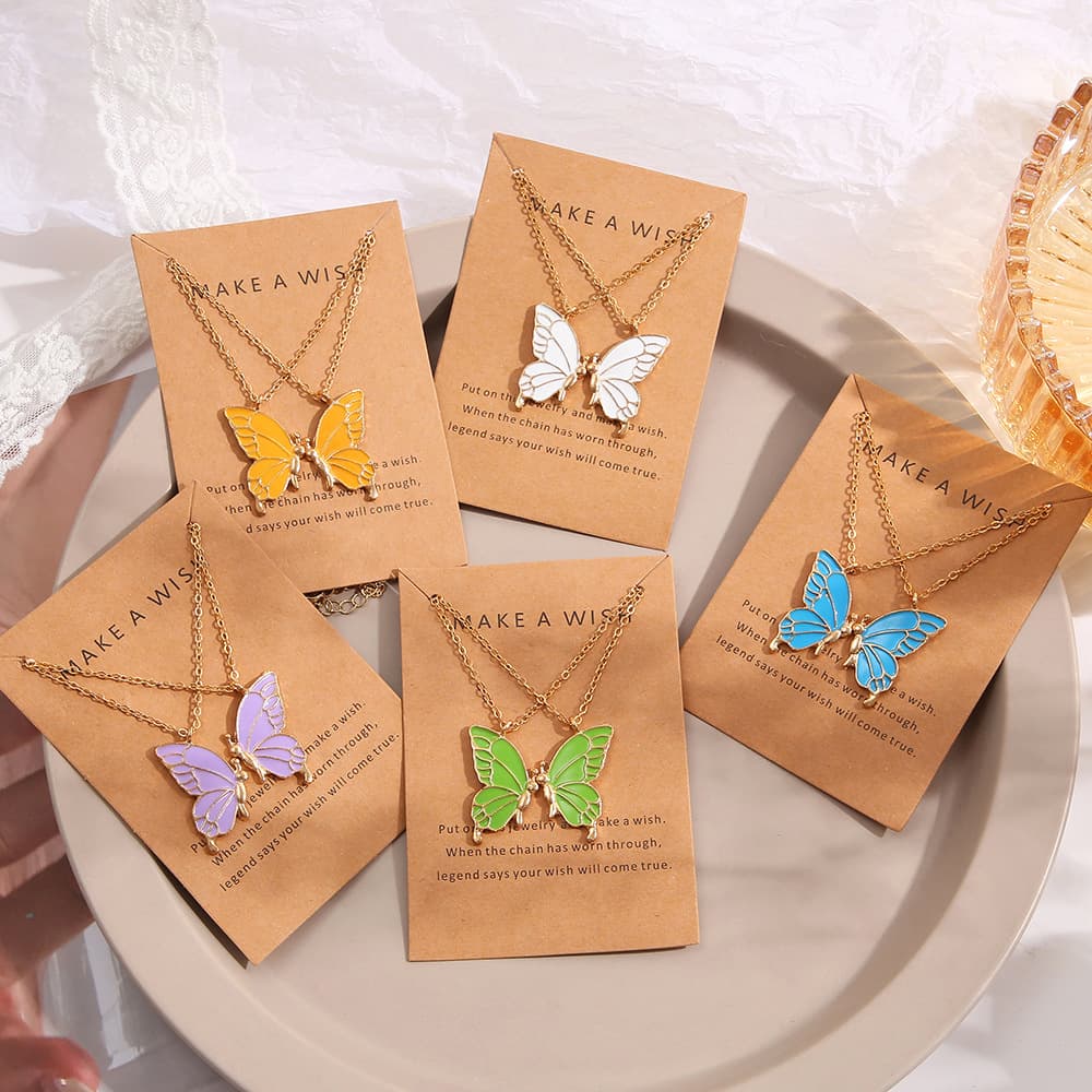 Enamel Butterfly Pendant Necklace Set – Two Colorful Choker Chains for Best Friends