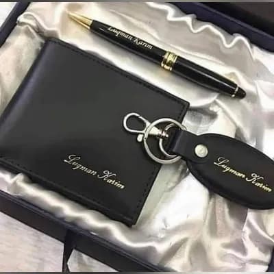 Personalized PU Leather Wallet Set with Engraved Keychain and Pen