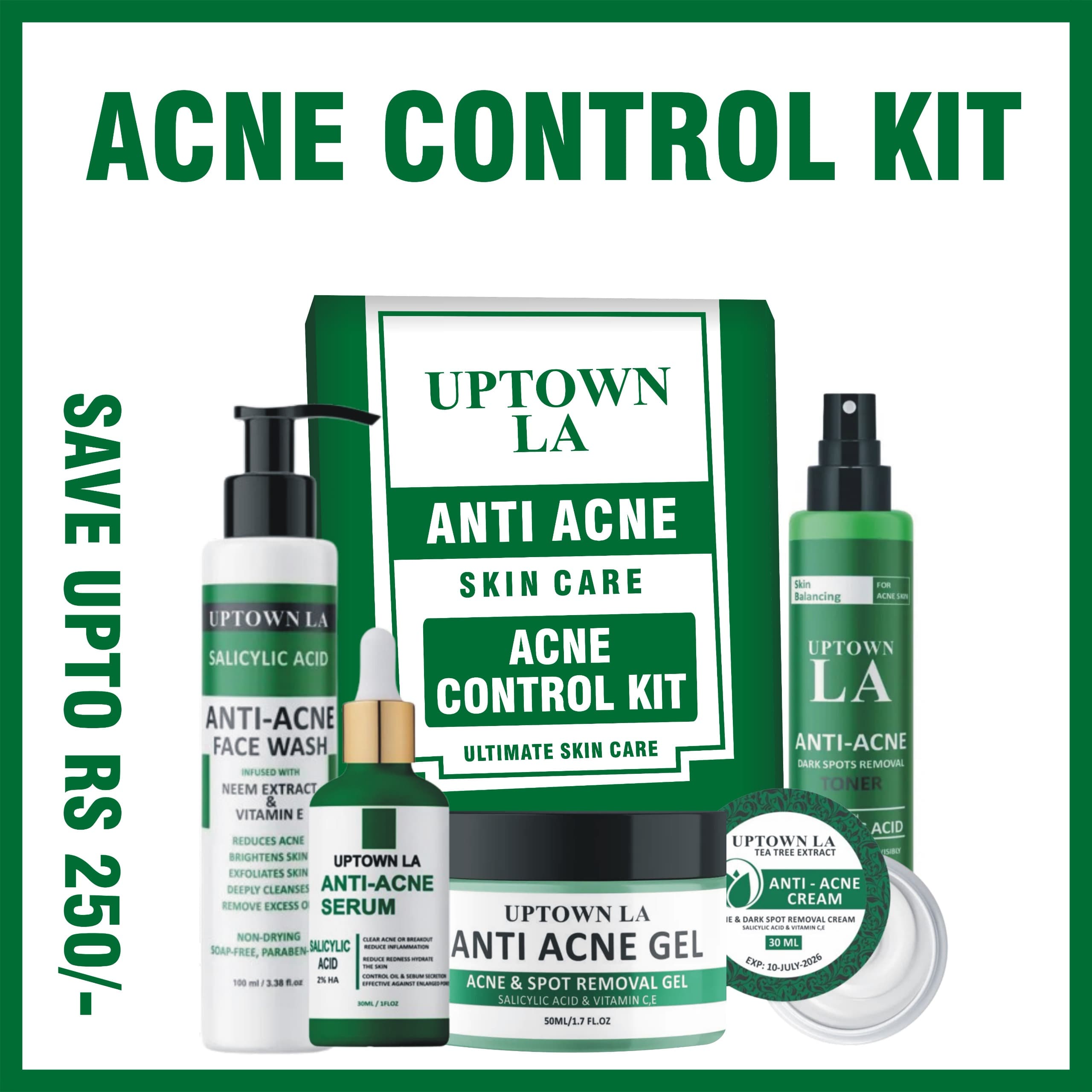 Uptown LA Anti‑Acne Complete Care Set – Serum, Cream, Gel, Facewash & Toner