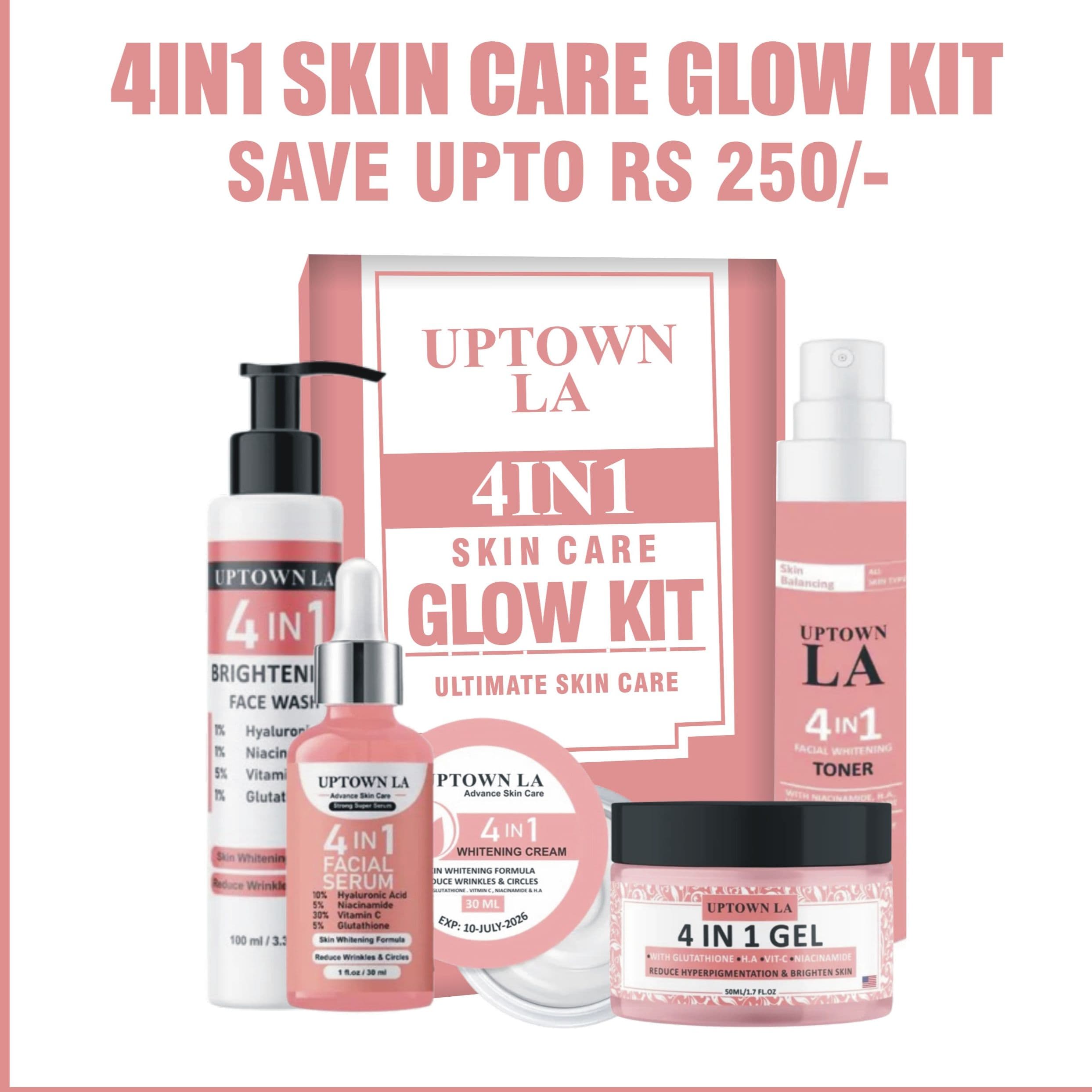Uptown LA 4‑in‑1 Whitening Skin Care Set – Serum, Cream, Facewash & Toner