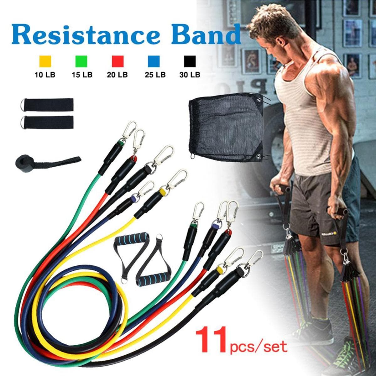 11‑Piece Latex Resistance Band Set with Handles, Ankle Straps & Door Anchor