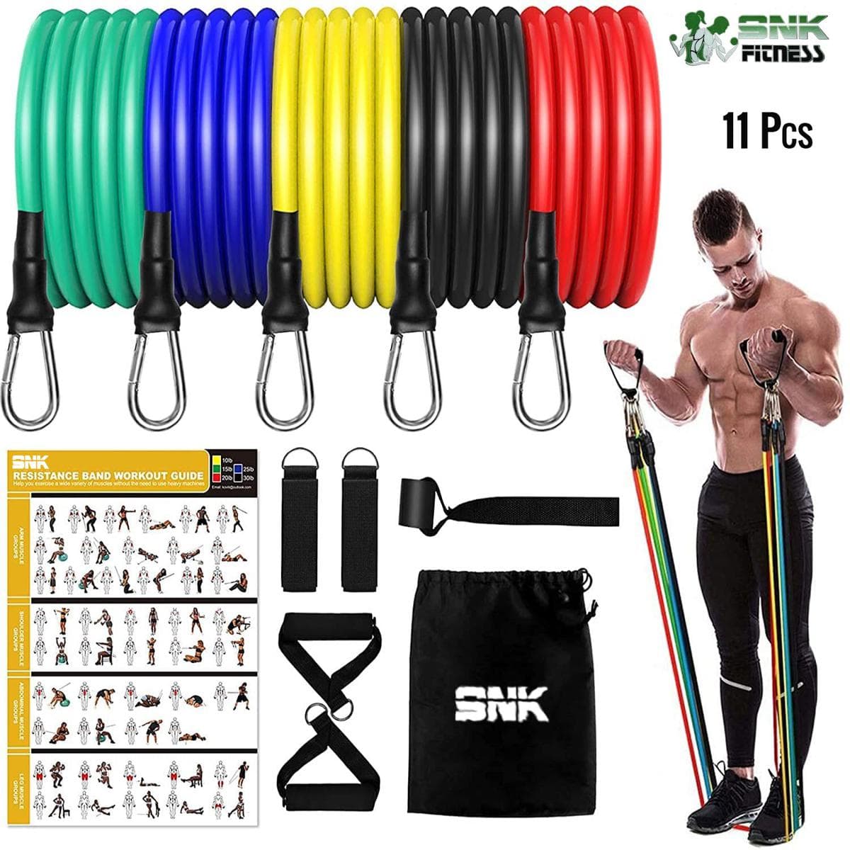 SNK Fitness 11‑Piece Latex Resistance Band Kit with Foam Handles, Ankle Straps & Carry Bag