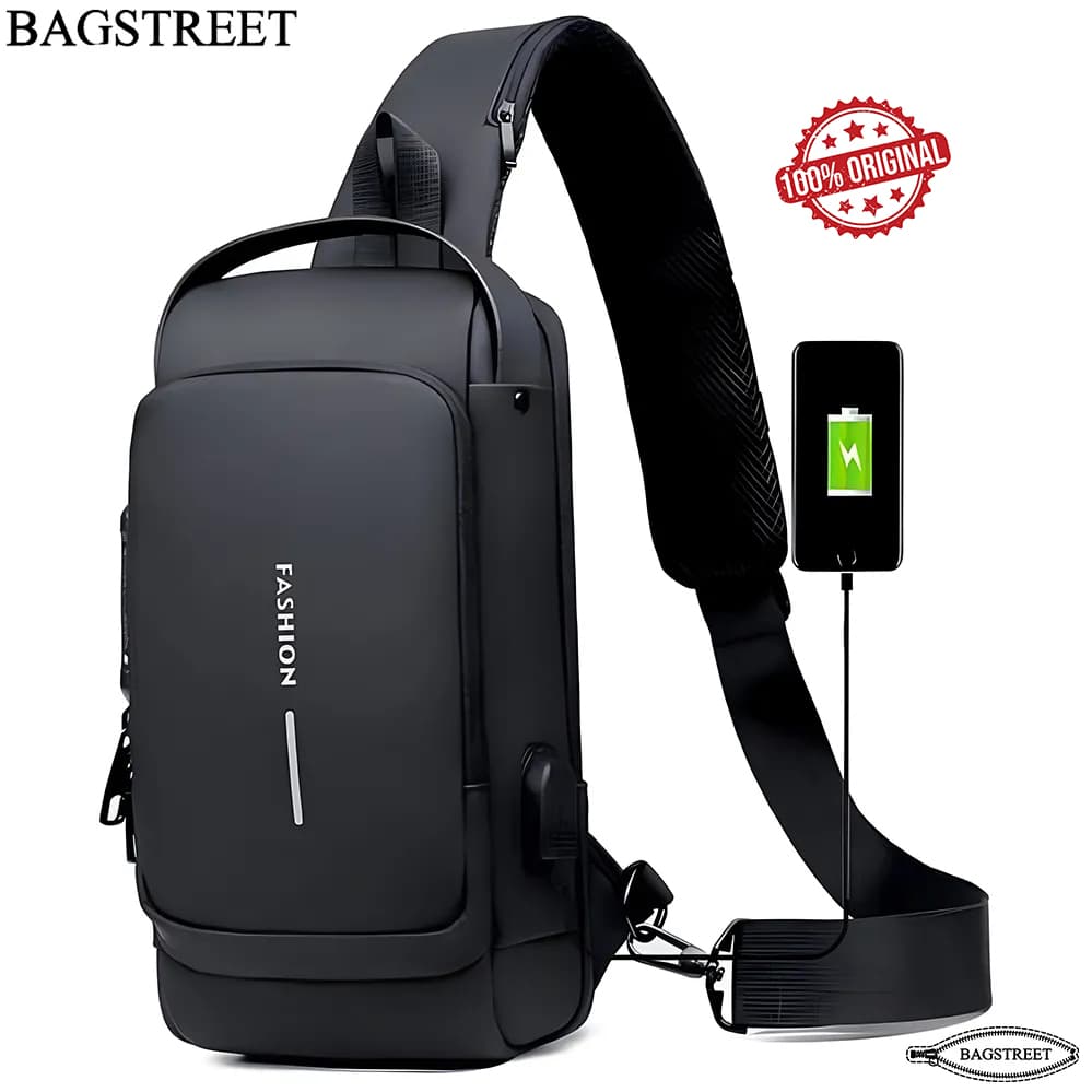 Water‑Resistant Anti‑Theft Sling Bag with USB Charging Port – Black
